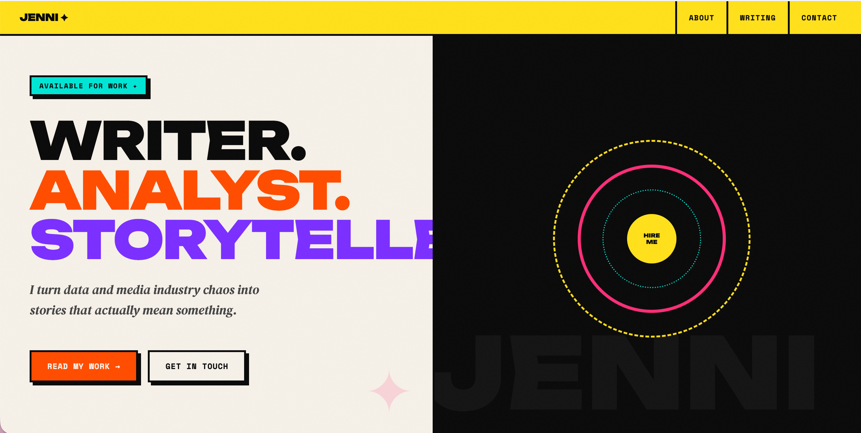 First version of the site — neo brutalist design with yellow nav, black hero, and bold typography